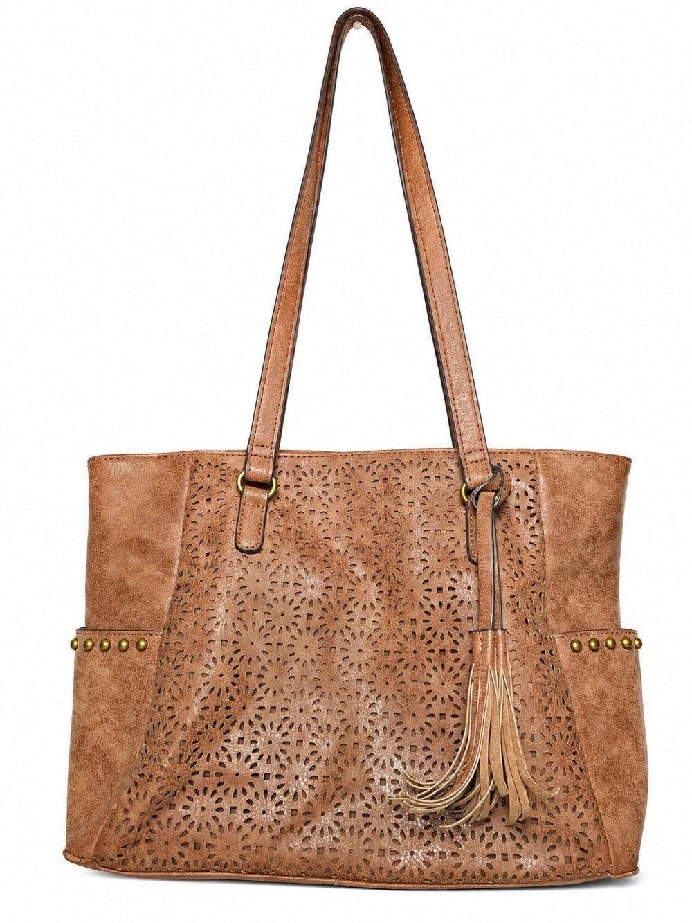 Bueno of California Brown Laser Cut Tote Bag with Tassel